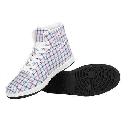 Blue And Purple Tattersall Pattern Print High Top Leather Sneakers