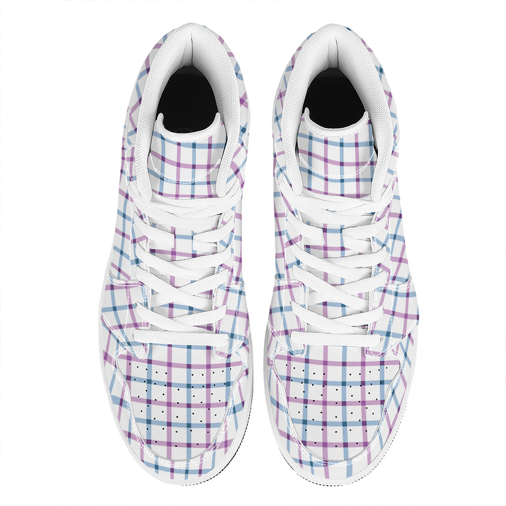 Blue And Purple Tattersall Pattern Print High Top Leather Sneakers