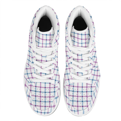 Blue And Purple Tattersall Pattern Print High Top Leather Sneakers
