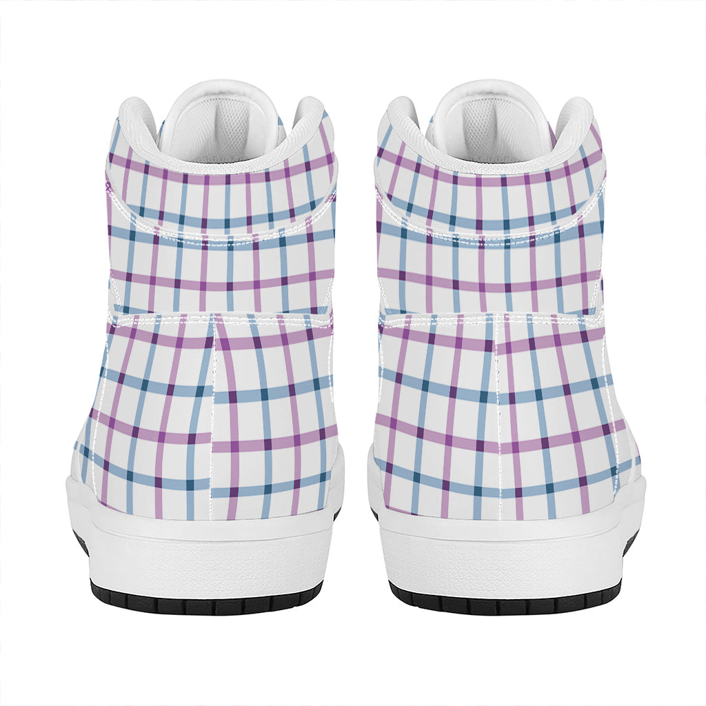 Blue And Purple Tattersall Pattern Print High Top Leather Sneakers