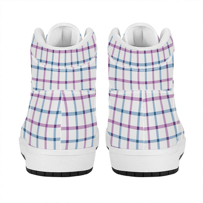 Blue And Purple Tattersall Pattern Print High Top Leather Sneakers