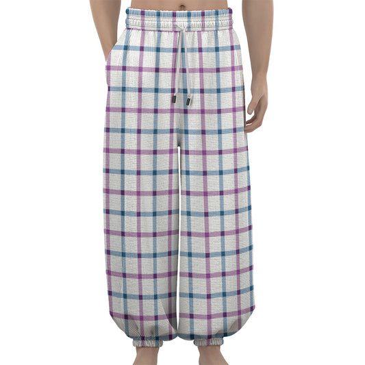 Blue And Purple Tattersall Pattern Print Lantern Pants