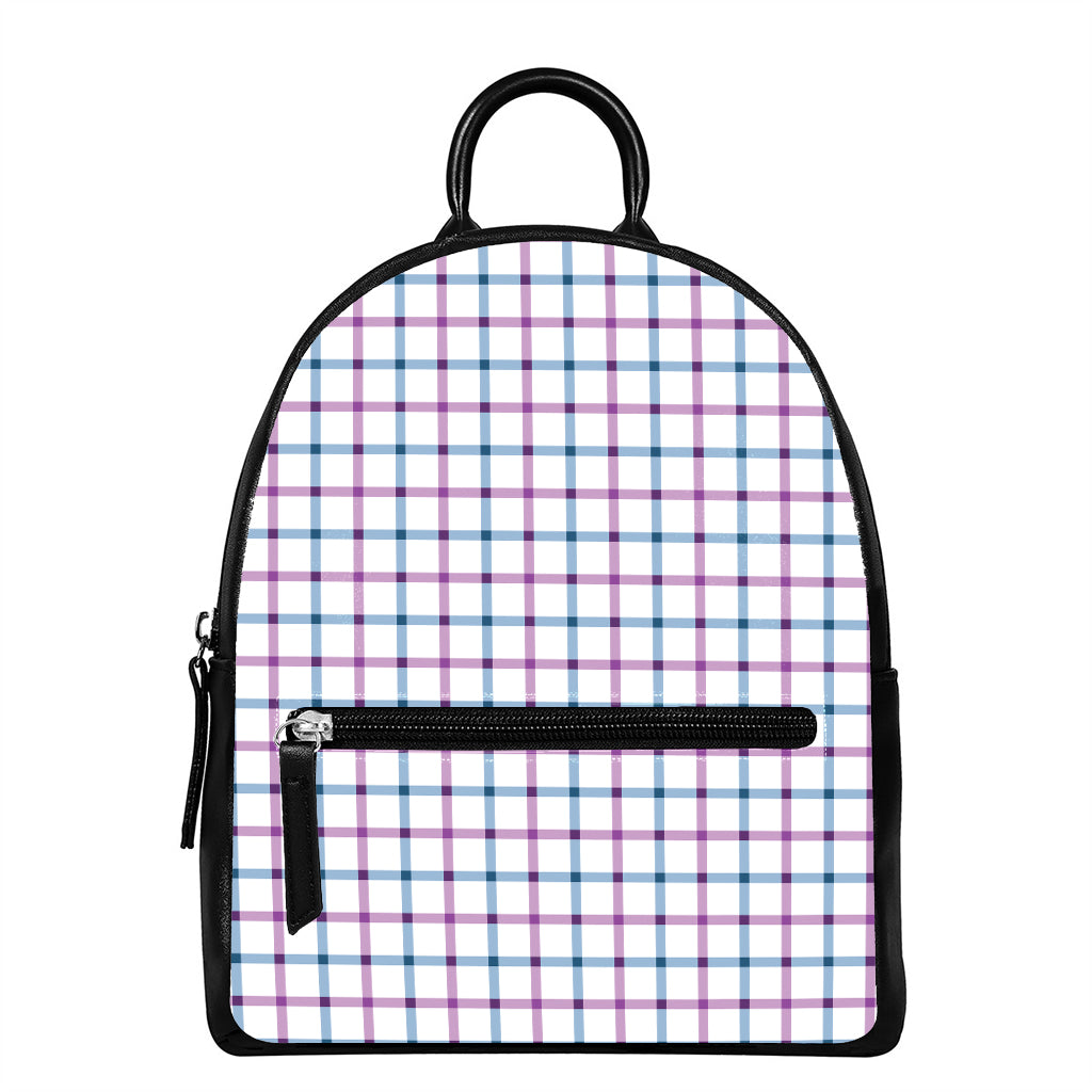 Blue And Purple Tattersall Pattern Print Leather Backpack