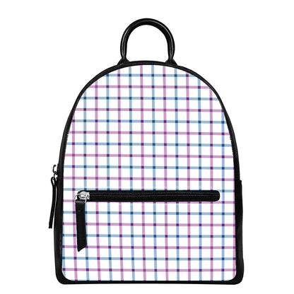 Blue And Purple Tattersall Pattern Print Leather Backpack