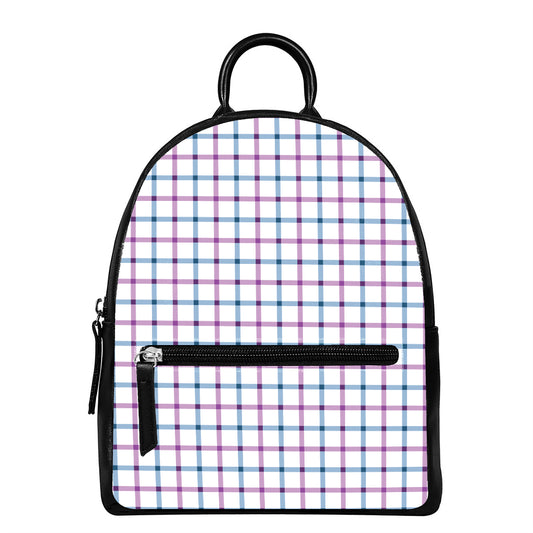 Blue And Purple Tattersall Pattern Print Leather Backpack