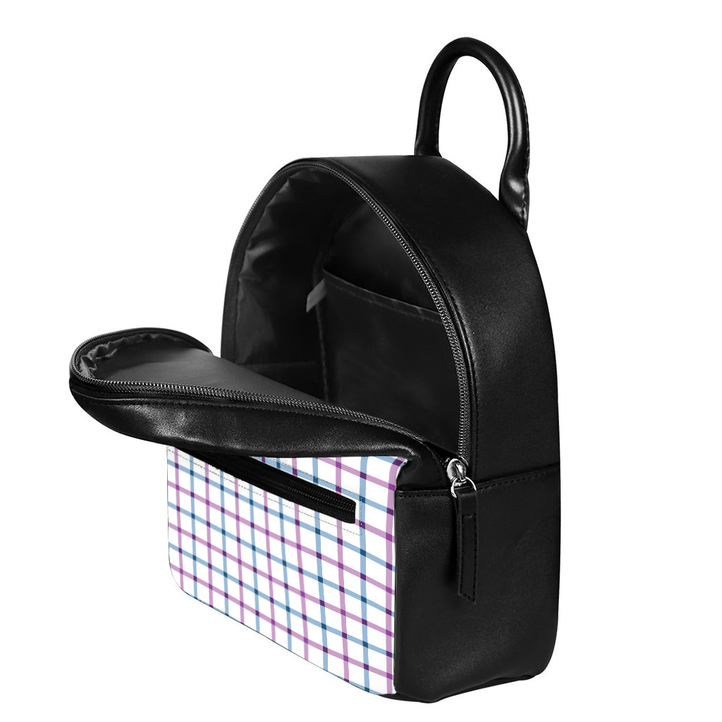 Blue And Purple Tattersall Pattern Print Leather Backpack