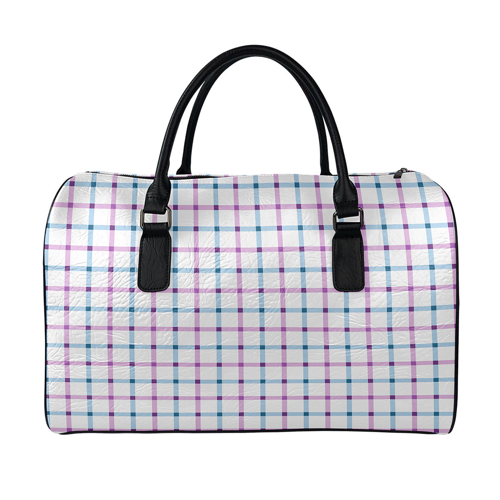 Blue And Purple Tattersall Pattern Print Leather Duffle Bag