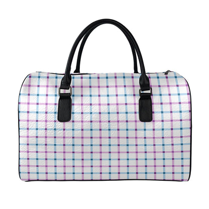 Blue And Purple Tattersall Pattern Print Leather Duffle Bag