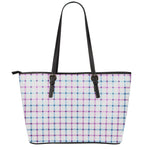 Blue And Purple Tattersall Pattern Print Leather Tote Bag