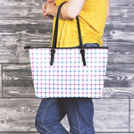 Blue And Purple Tattersall Pattern Print Leather Tote Bag
