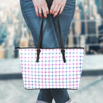 Blue And Purple Tattersall Pattern Print Leather Tote Bag