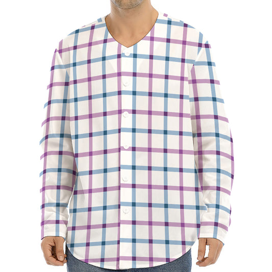 Blue And Purple Tattersall Pattern Print Long Sleeve Baseball Jersey