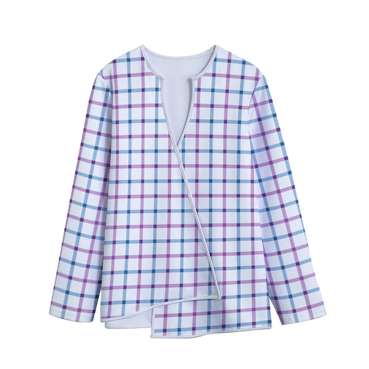 Blue And Purple Tattersall Pattern Print Long Sleeve Short Coat