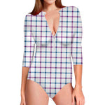 Blue And Purple Tattersall Pattern Print Long Sleeve Swimsuit