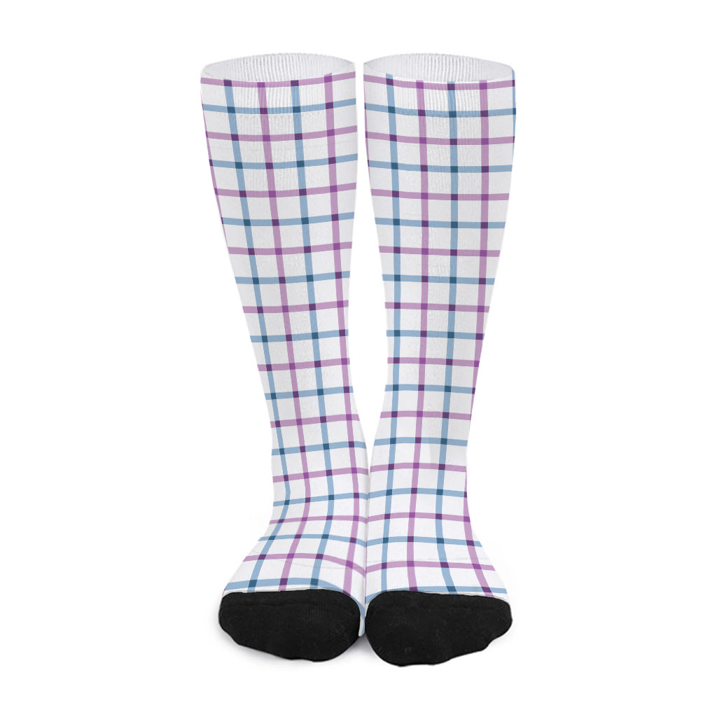 Blue And Purple Tattersall Pattern Print Long Socks