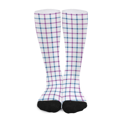 Blue And Purple Tattersall Pattern Print Long Socks