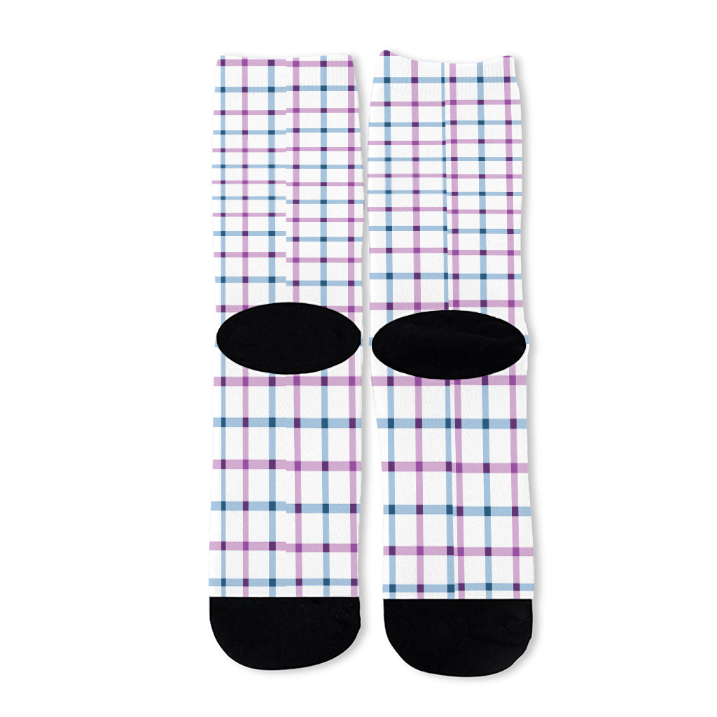 Blue And Purple Tattersall Pattern Print Long Socks