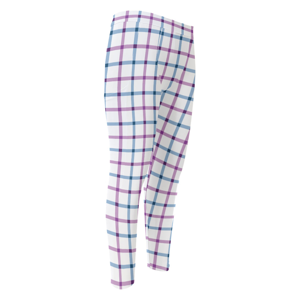 Blue And Purple Tattersall Pattern Print Men's Compression Pants