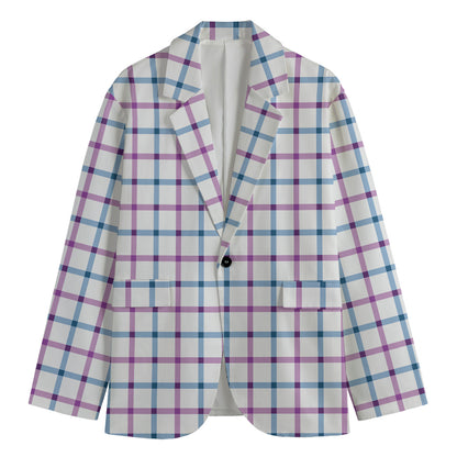 Blue And Purple Tattersall Pattern Print Men's Cotton Blazer