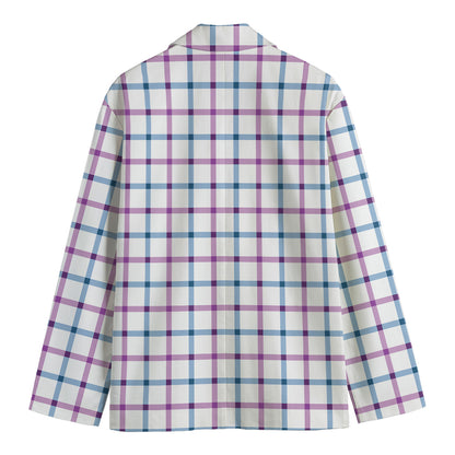 Blue And Purple Tattersall Pattern Print Men's Cotton Blazer