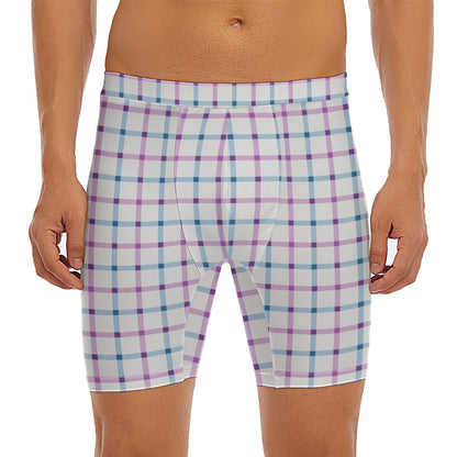 Blue And Purple Tattersall Pattern Print Men's Long Boxer Briefs