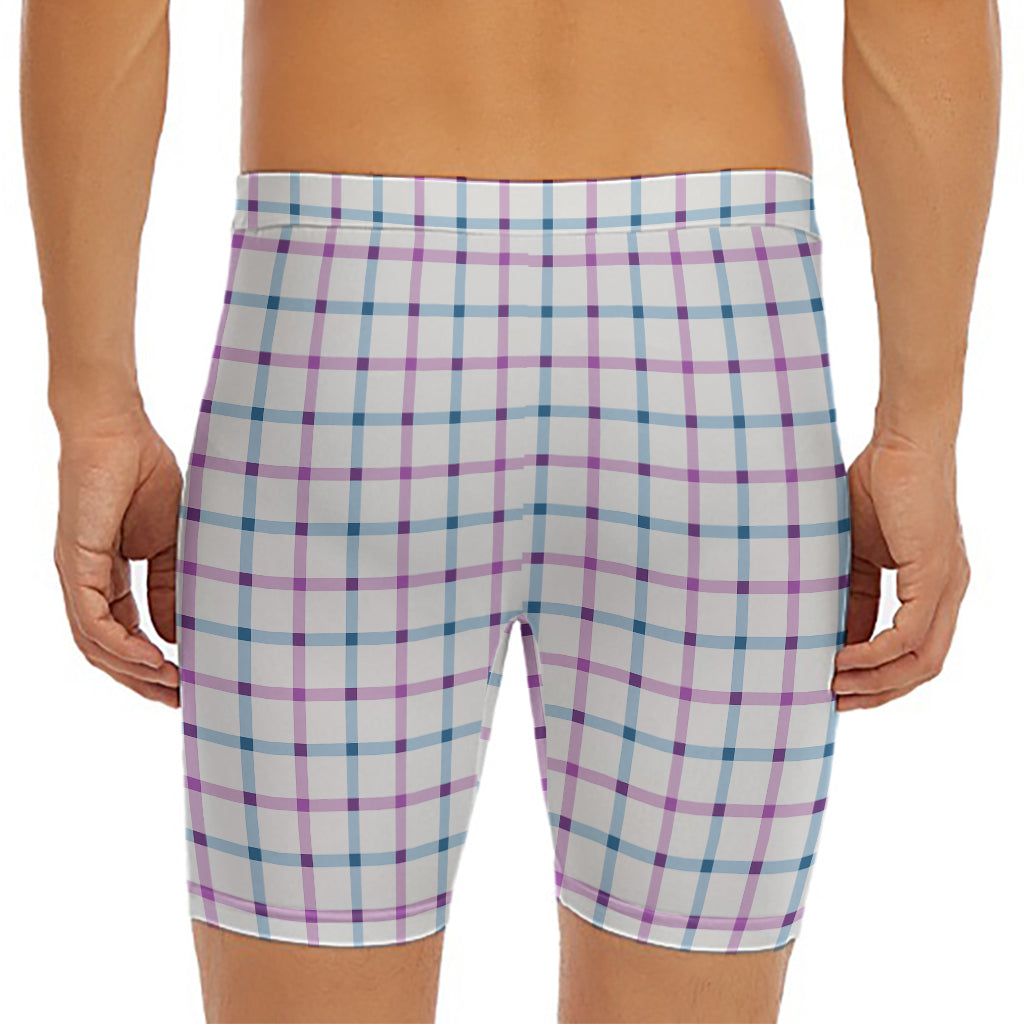 Blue And Purple Tattersall Pattern Print Men's Long Boxer Briefs