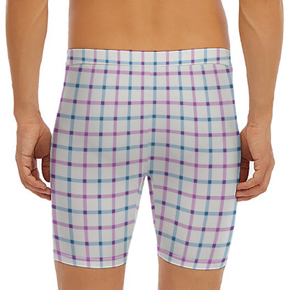 Blue And Purple Tattersall Pattern Print Men's Long Boxer Briefs