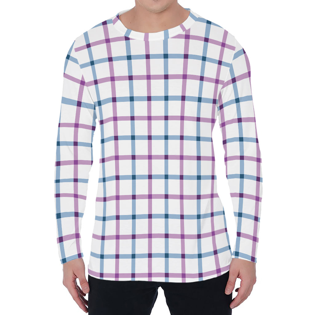 Blue And Purple Tattersall Pattern Print Men's Long Sleeve T-Shirt