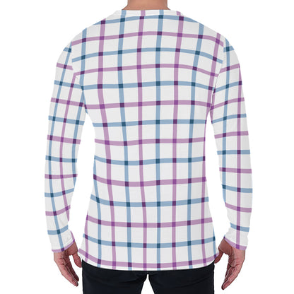 Blue And Purple Tattersall Pattern Print Men's Long Sleeve T-Shirt