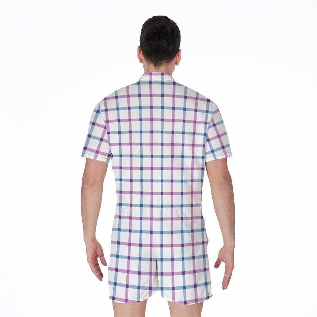 Blue And Purple Tattersall Pattern Print Men's Rompers