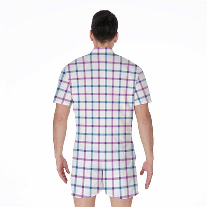 Blue And Purple Tattersall Pattern Print Men's Rompers
