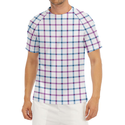 Blue And Purple Tattersall Pattern Print Men's Short Sleeve Rash Guard