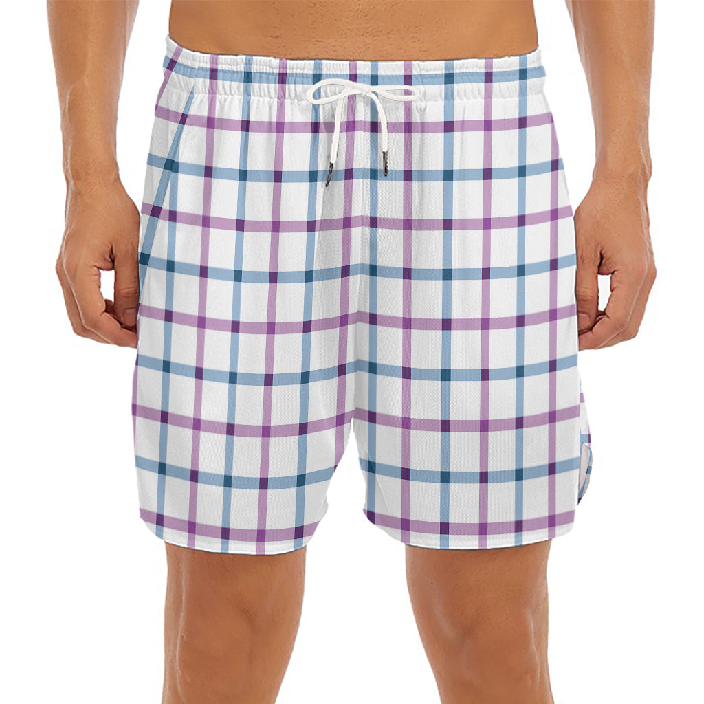 Blue And Purple Tattersall Pattern Print Men's Split Running Shorts