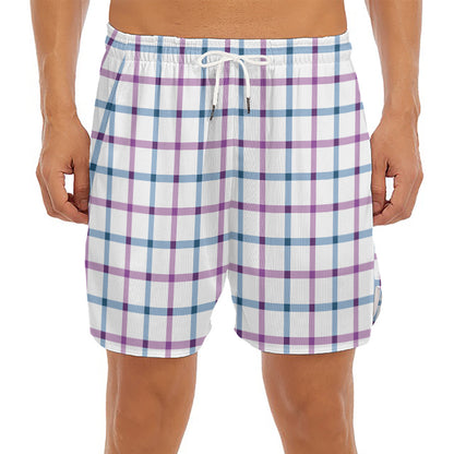 Blue And Purple Tattersall Pattern Print Men's Split Running Shorts