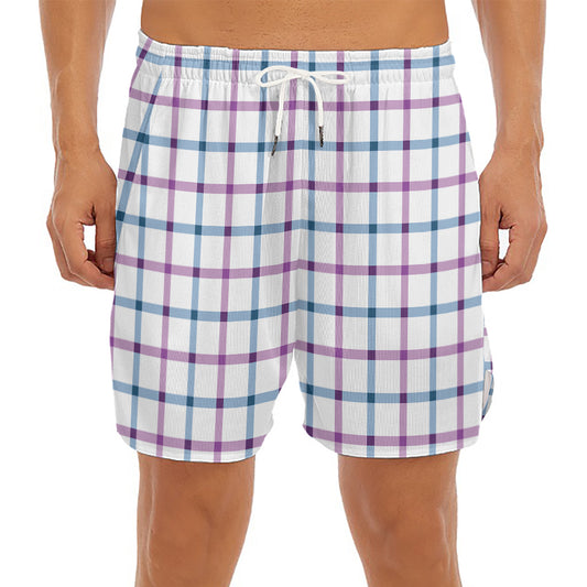 Blue And Purple Tattersall Pattern Print Men's Split Running Shorts