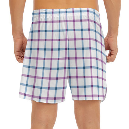 Blue And Purple Tattersall Pattern Print Men's Split Running Shorts