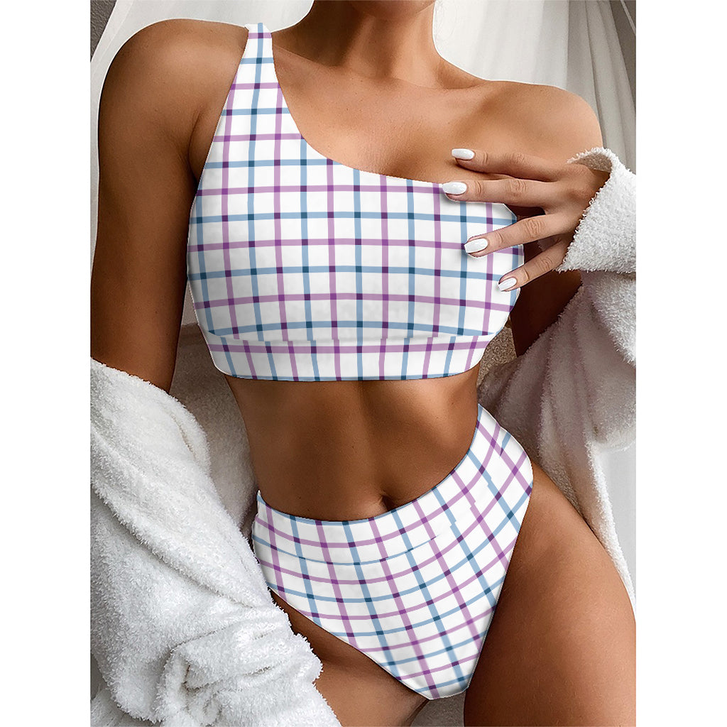 Blue And Purple Tattersall Pattern Print One Shoulder Bikini Top