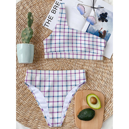 Blue And Purple Tattersall Pattern Print One Shoulder Bikini Top