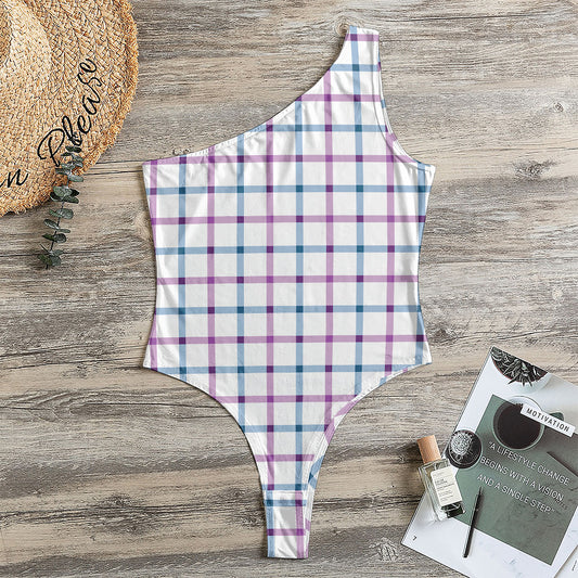 Blue And Purple Tattersall Pattern Print One Shoulder Bodysuit