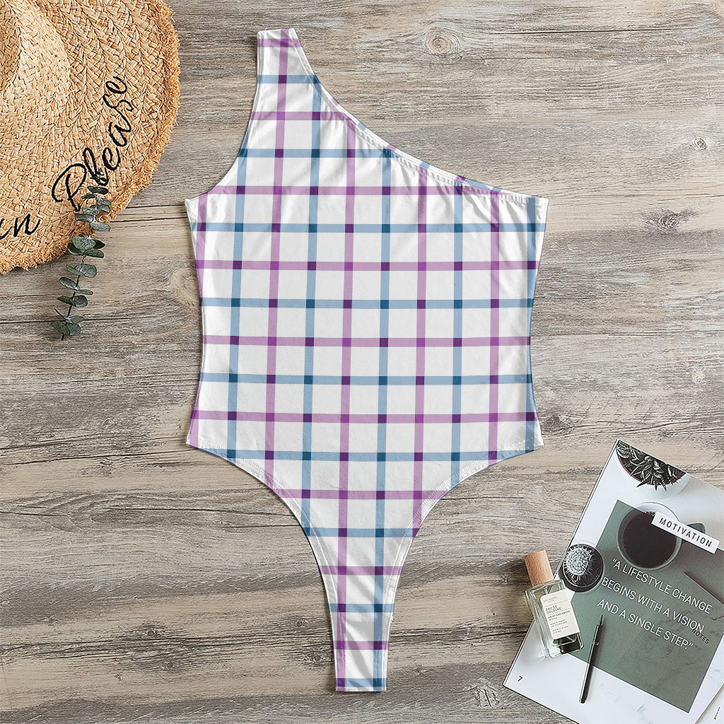 Blue And Purple Tattersall Pattern Print One Shoulder Bodysuit