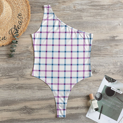 Blue And Purple Tattersall Pattern Print One Shoulder Bodysuit