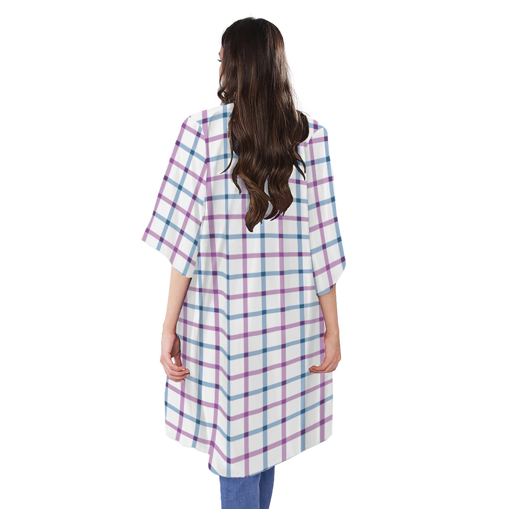 Blue And Purple Tattersall Pattern Print Open Front Beach Cover Up