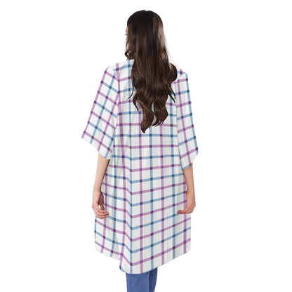 Blue And Purple Tattersall Pattern Print Open Front Beach Cover Up