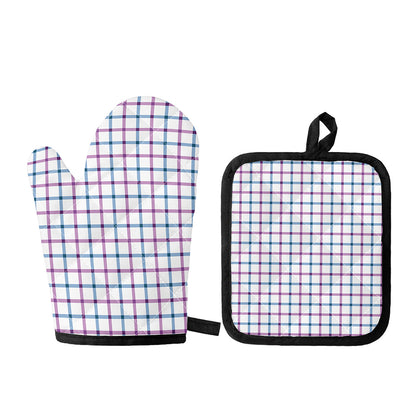 Blue And Purple Tattersall Pattern Print Oven Mitt And Pot Holder Set