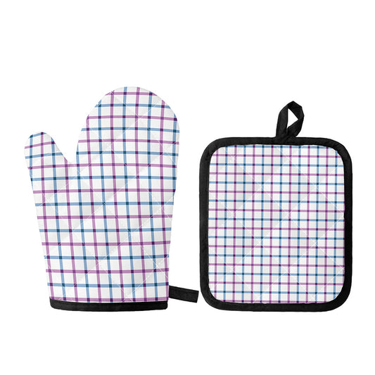Blue And Purple Tattersall Pattern Print Oven Mitt And Pot Holder Set