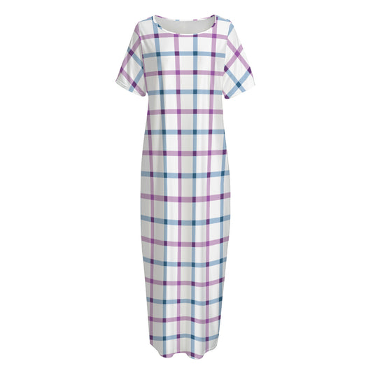 Blue And Purple Tattersall Pattern Print Short Sleeve Long Nightdress