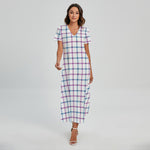 Blue And Purple Tattersall Pattern Print Short Sleeve Maxi Dress