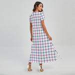 Blue And Purple Tattersall Pattern Print Short Sleeve Maxi Dress
