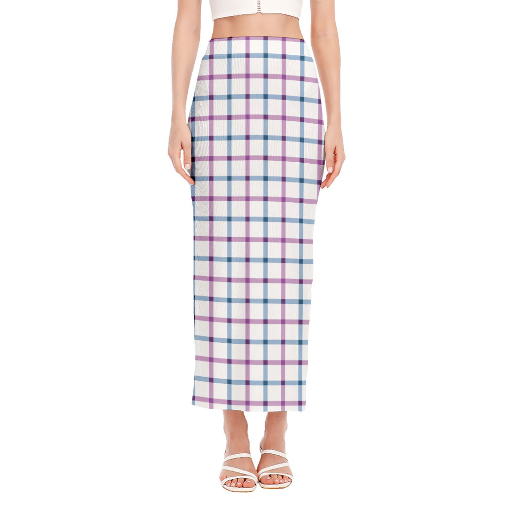 Blue And Purple Tattersall Pattern Print Side Slit Maxi Skirt