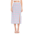 Blue And Purple Tattersall Pattern Print Side Slit Midi Skirt